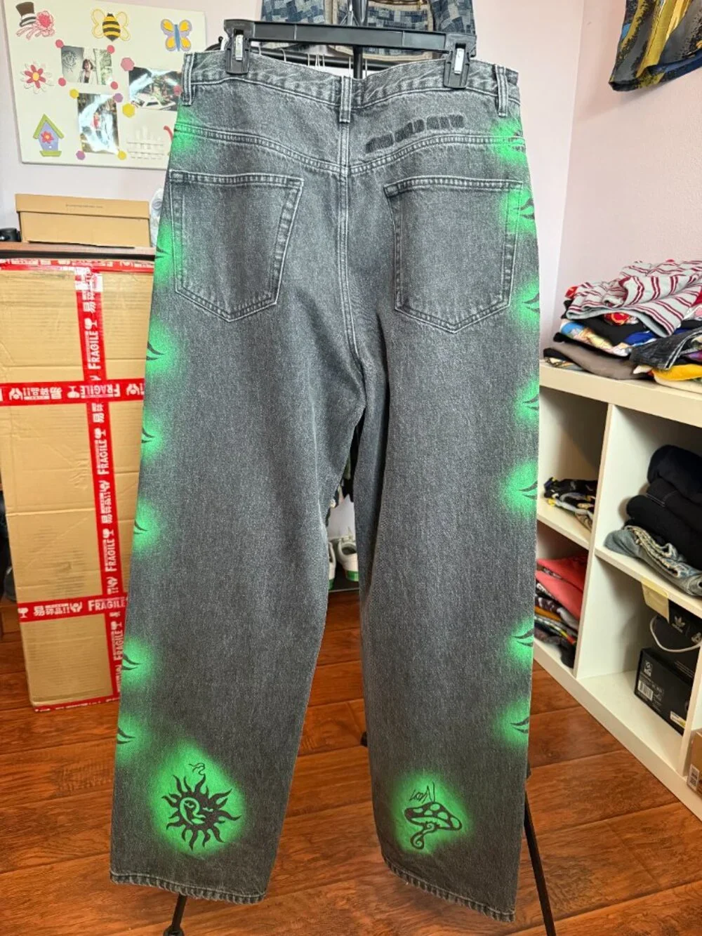 Stüssy Van Alon Dizzy Man Moon Graffiti Denim Jeans Green Black Size 34